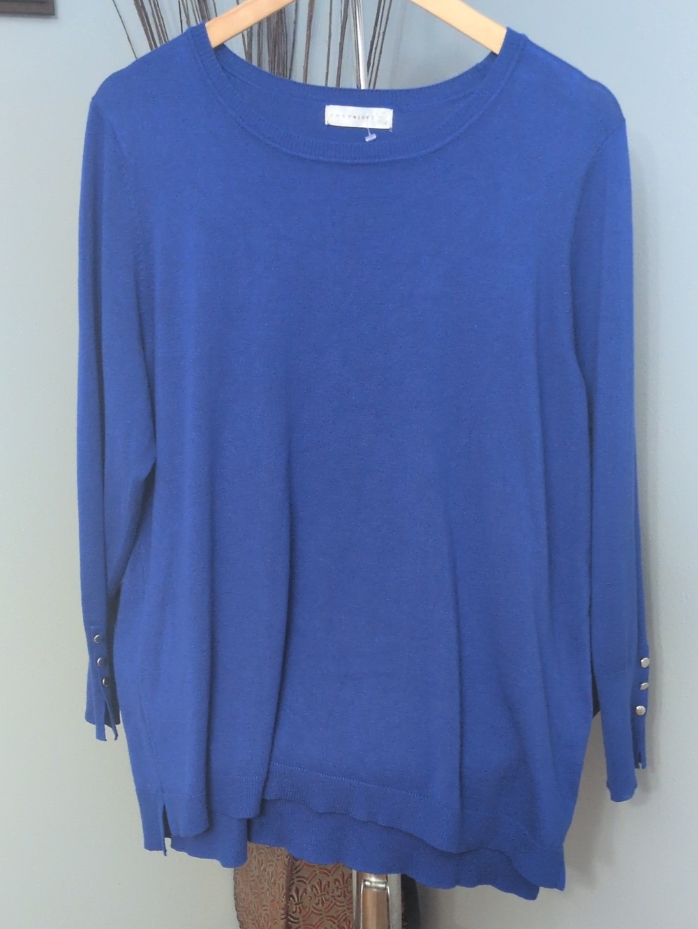 retrology Button-Cuff Crewneck Sweater in Blue with Silver Buttons